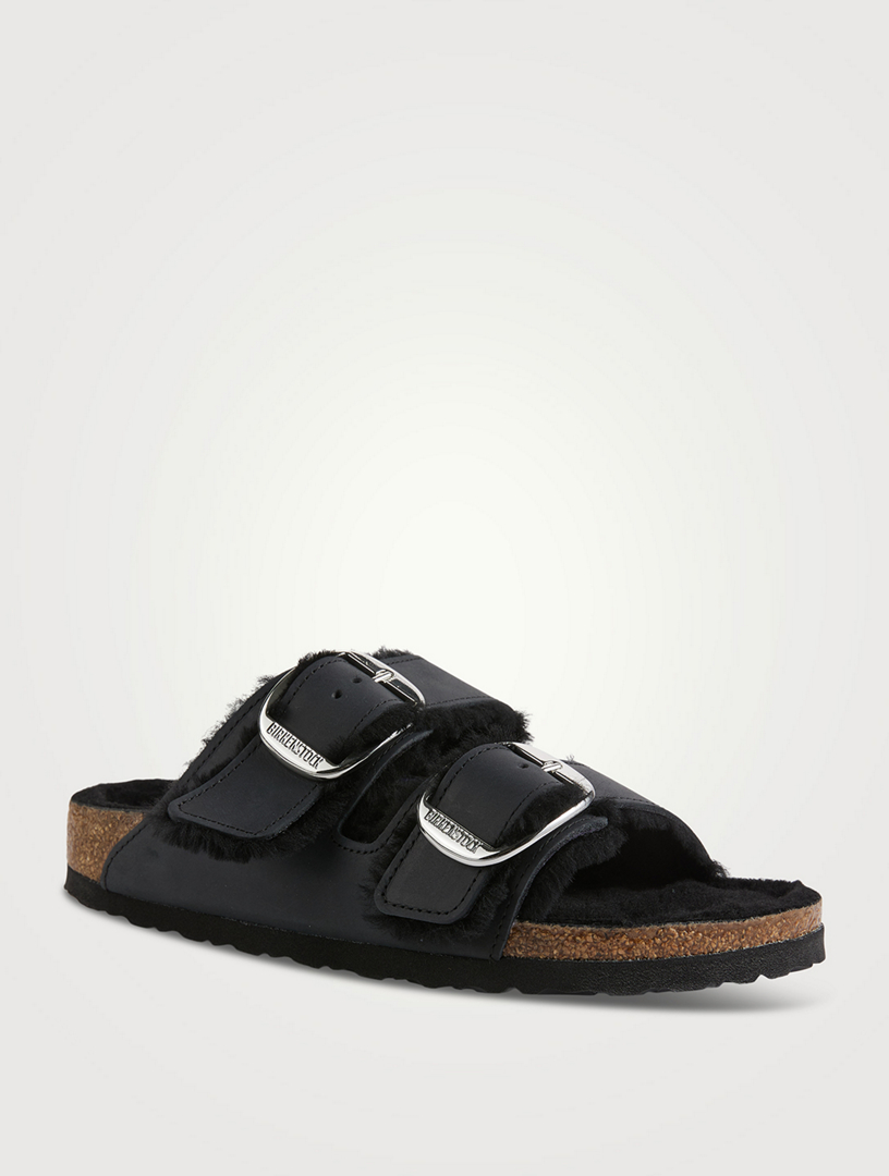 BIRKENSTOCK Arizona Big Buckle Shearling-Lined Leather Slide Sandals ...