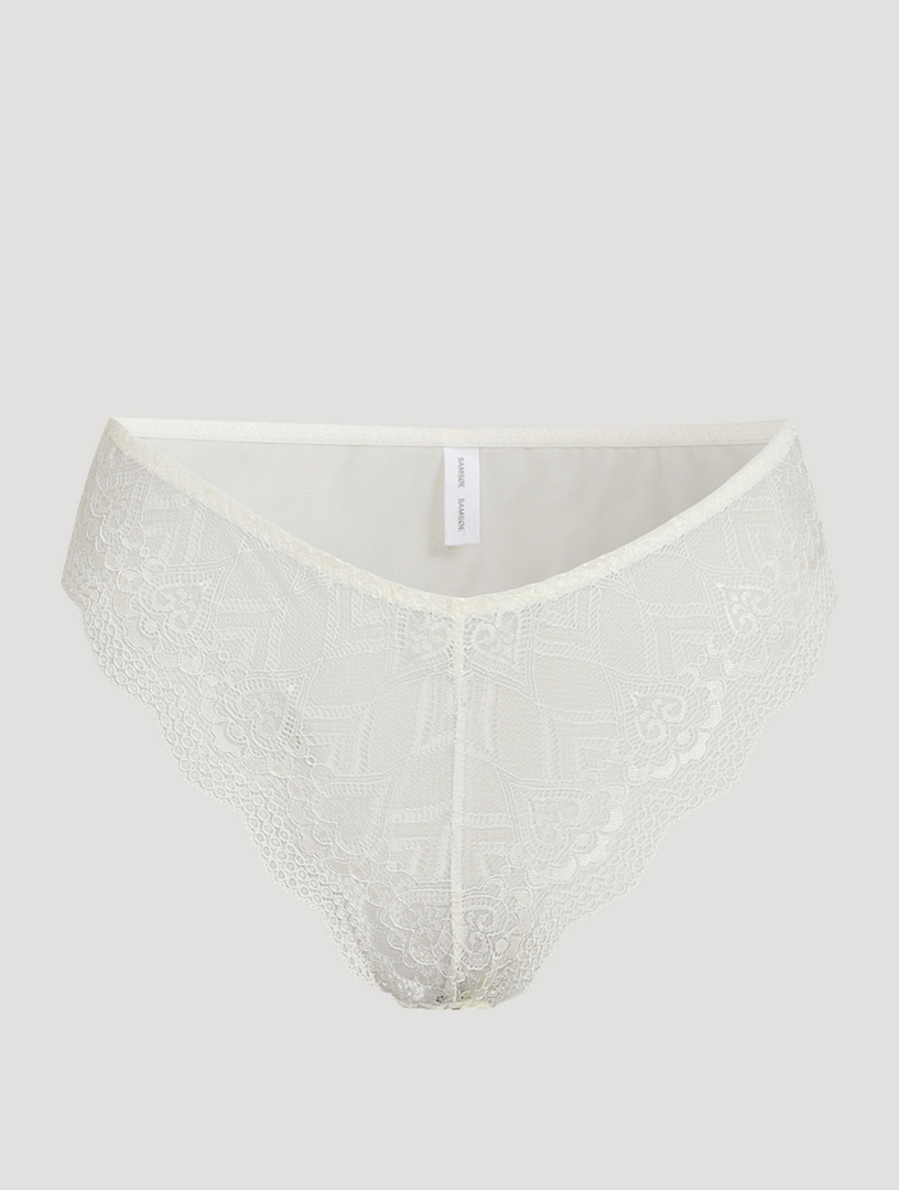 Cotton and Scalloped Lace Detail Thong Panty - Navy outline