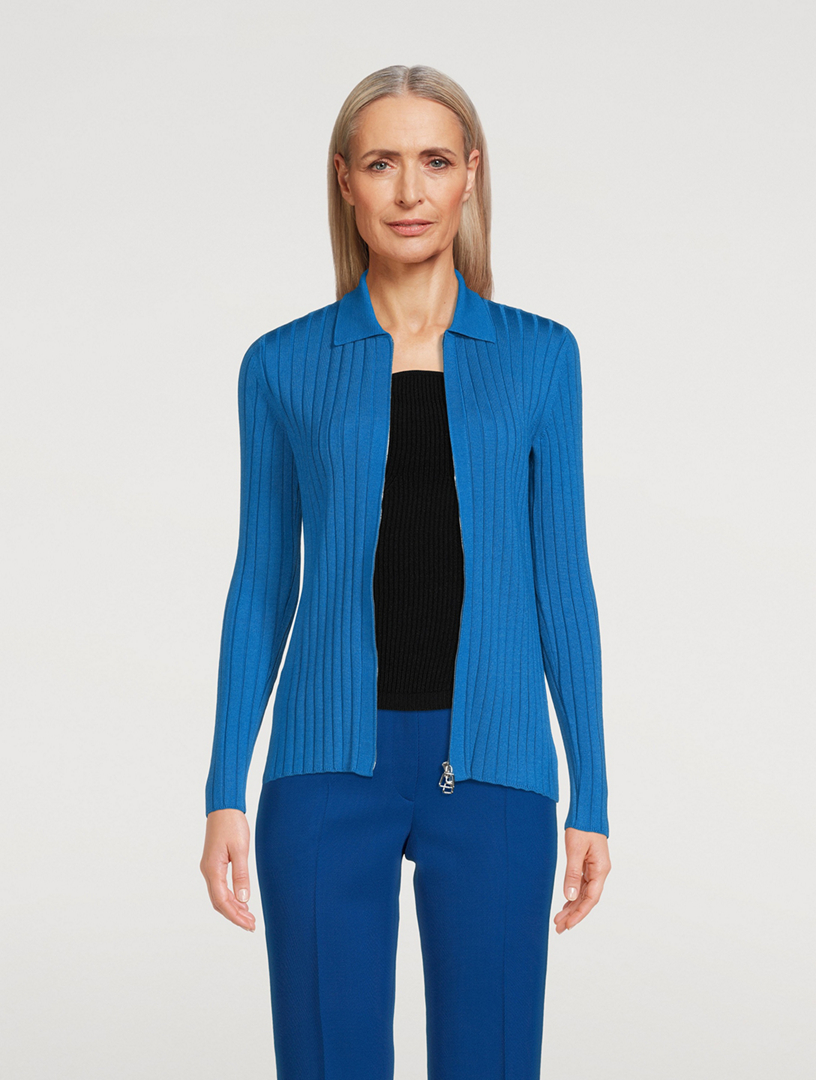 Rib-Knit Polo Cardigan