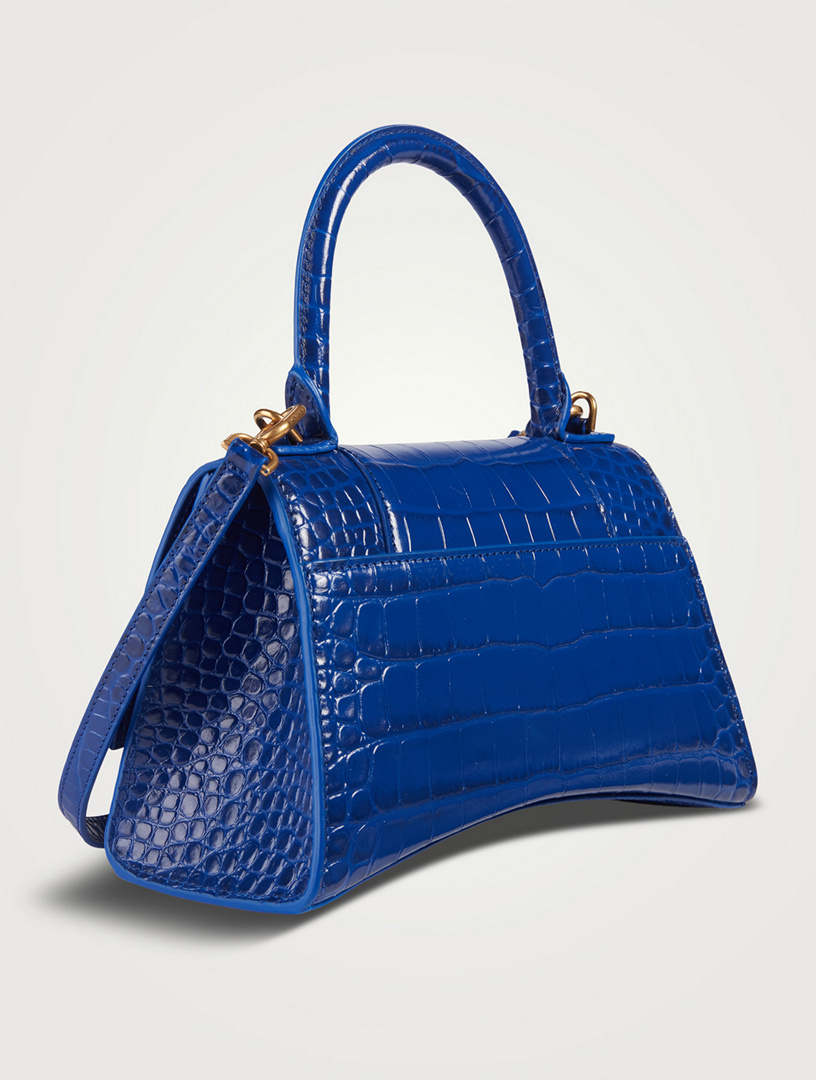 Balenciaga Hourglass Top Handle Bag Crocodile Embossed Leather Small Blue