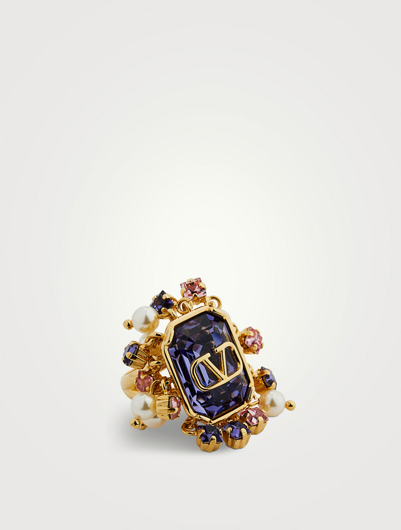 V Logo Faux Pearl And Crystal Ring in Gold - Valentino