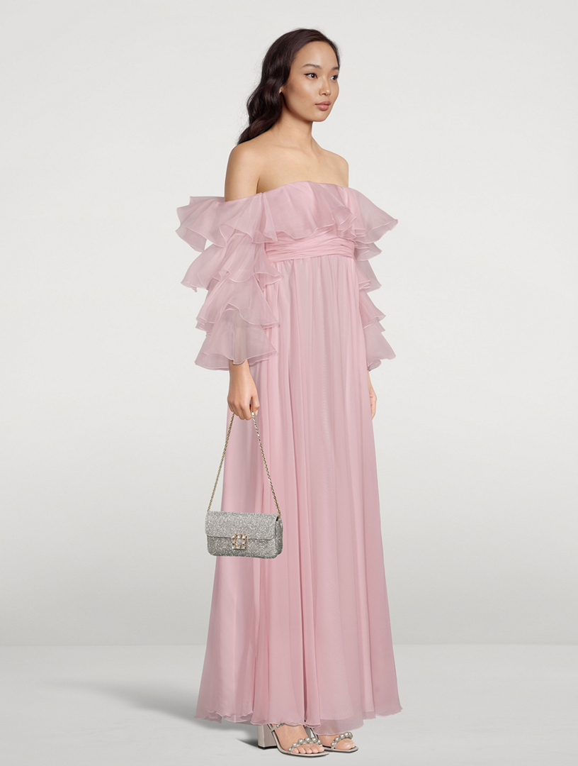 Ruffled Off-The-Shoulder Silk Georgette Gown