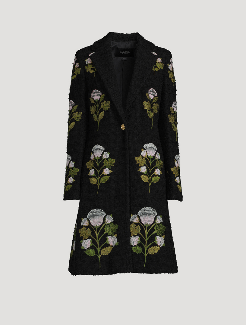 Floral-Embroidered Tweed Bouclé Coat
