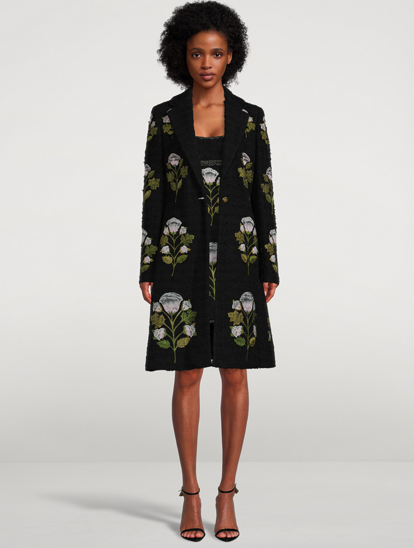 Floral-Embroidered Tweed Bouclé Coat