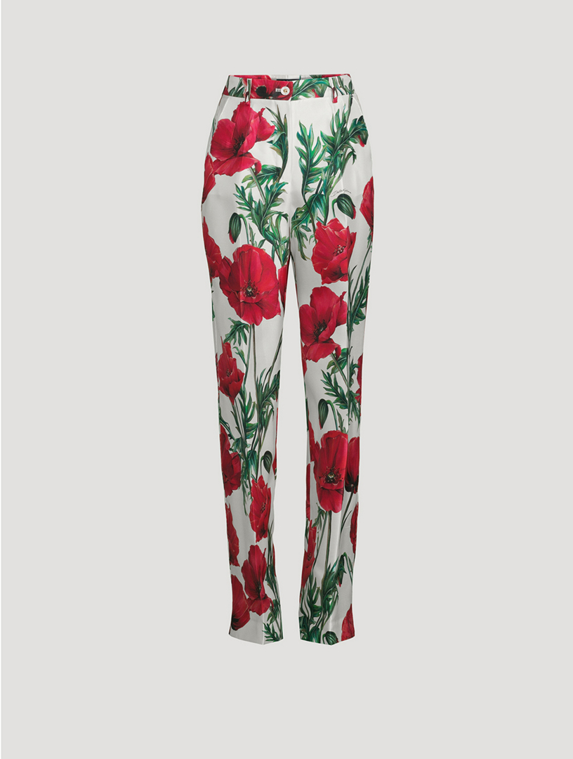 Silk Shantung Trousers Poppy Print