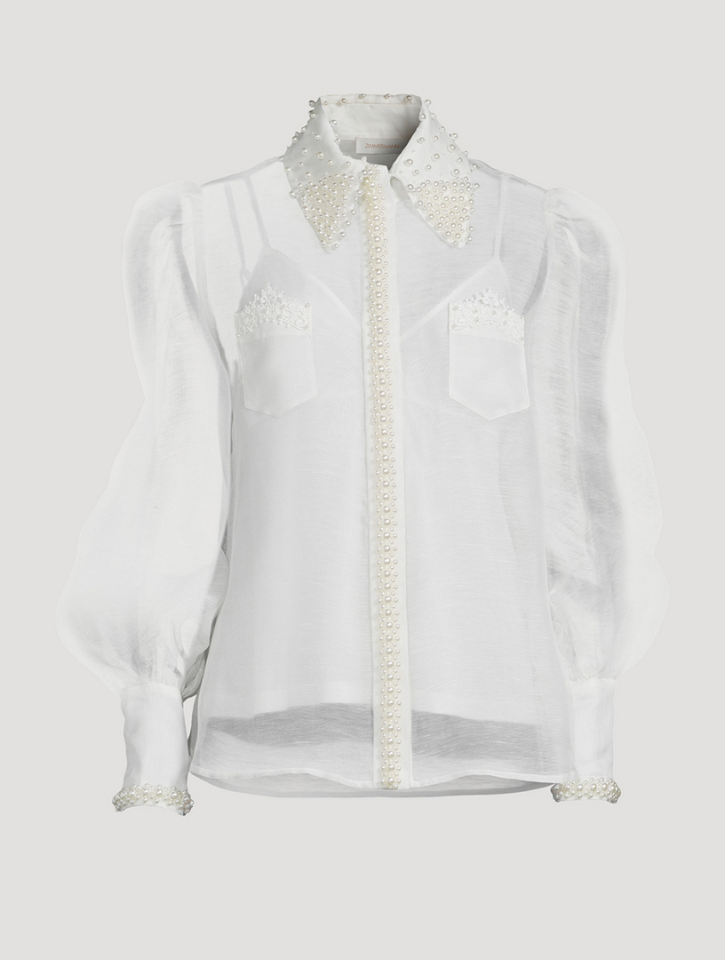 High Tide Pearl-Embellished Sheer Shirt