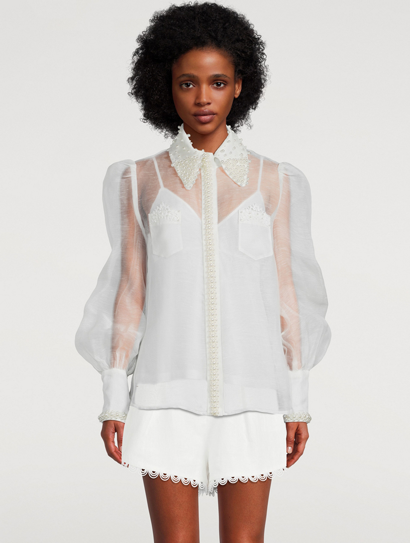 High Tide Pearl-Embellished Sheer Shirt