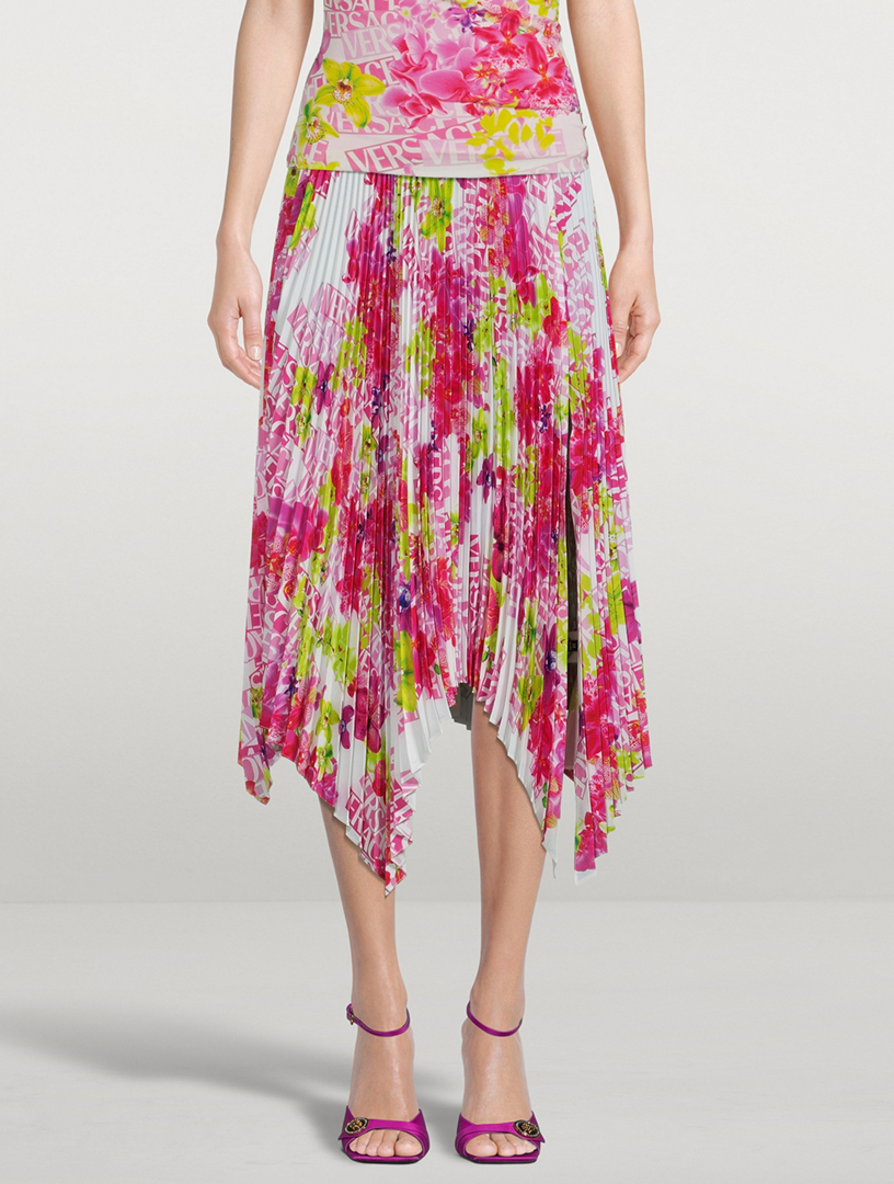 VERSACE Pleated Midi Skirt In Logo Orchid Print | Holt Renfrew