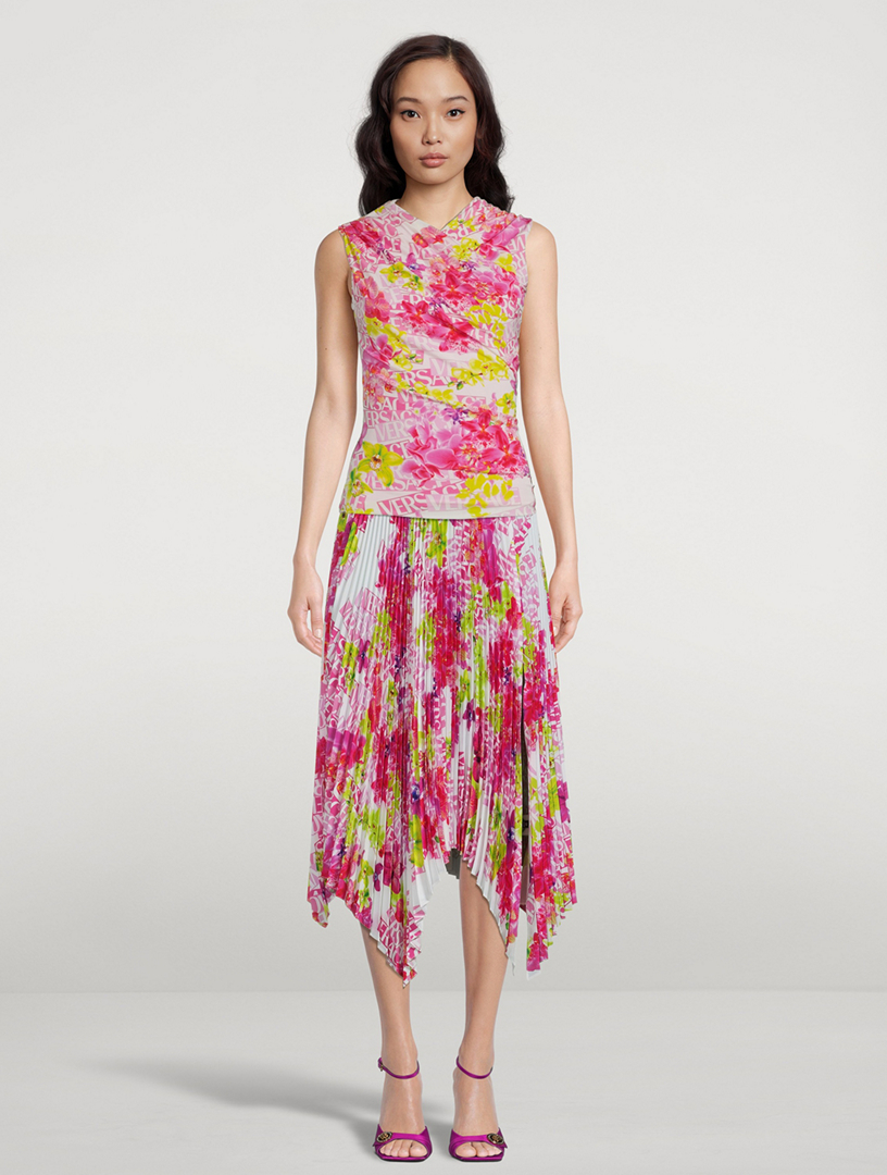 VERSACE Pleated Midi Skirt In Logo Orchid Print | Holt Renfrew