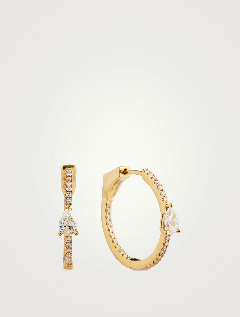 18K Yellow Gold Diamond Hoop Earrings With Pear Diamond Center