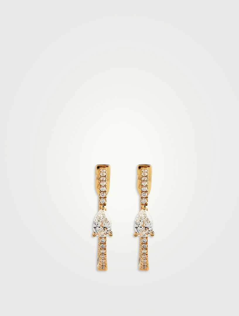 18K Yellow Gold Diamond Hoop Earrings With Pear Diamond Center