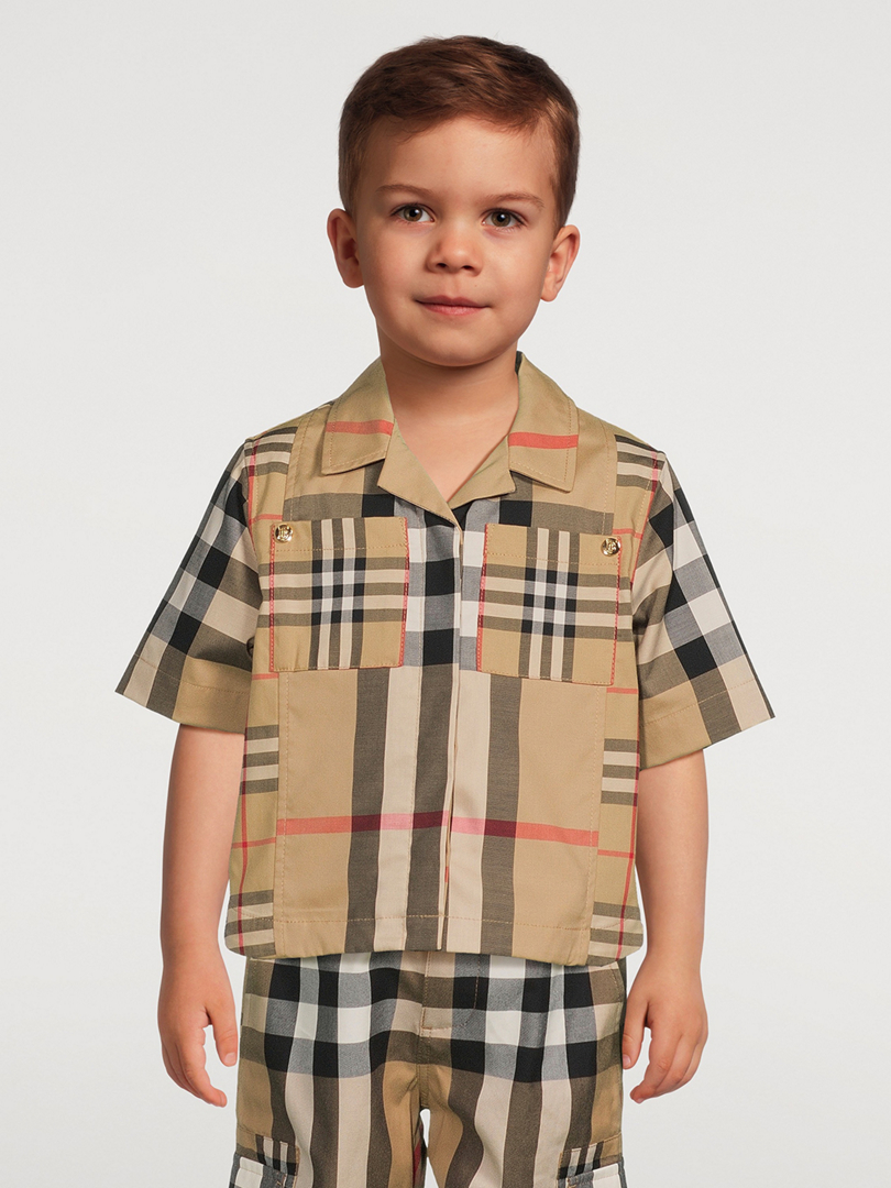 Patchwork Check Stretch Cotton Short-Sleeve Shirt