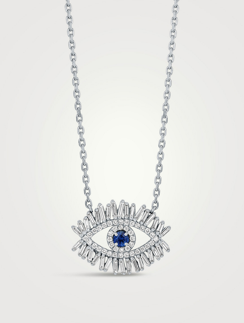 18K White Gold Evil Eye Midi Half Pavé Sapphire Pendant Necklace