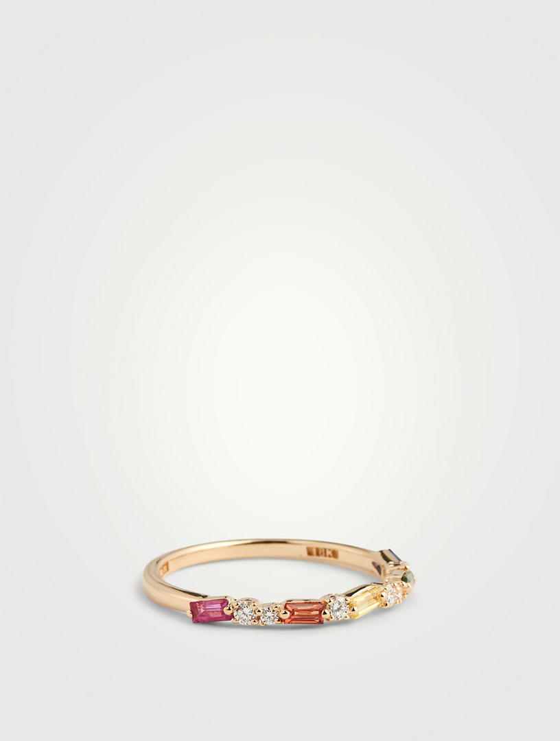 18K Gold Halfway Band With Rainbow Sapphire And Diamonds