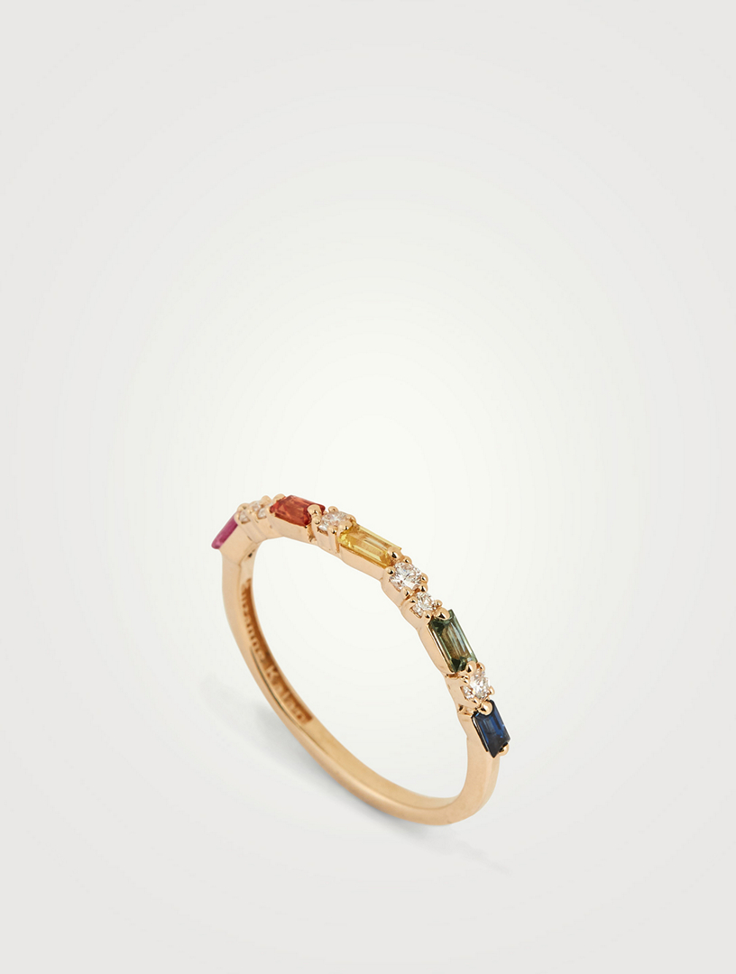 18K Gold Halfway Band With Rainbow Sapphire And Diamonds