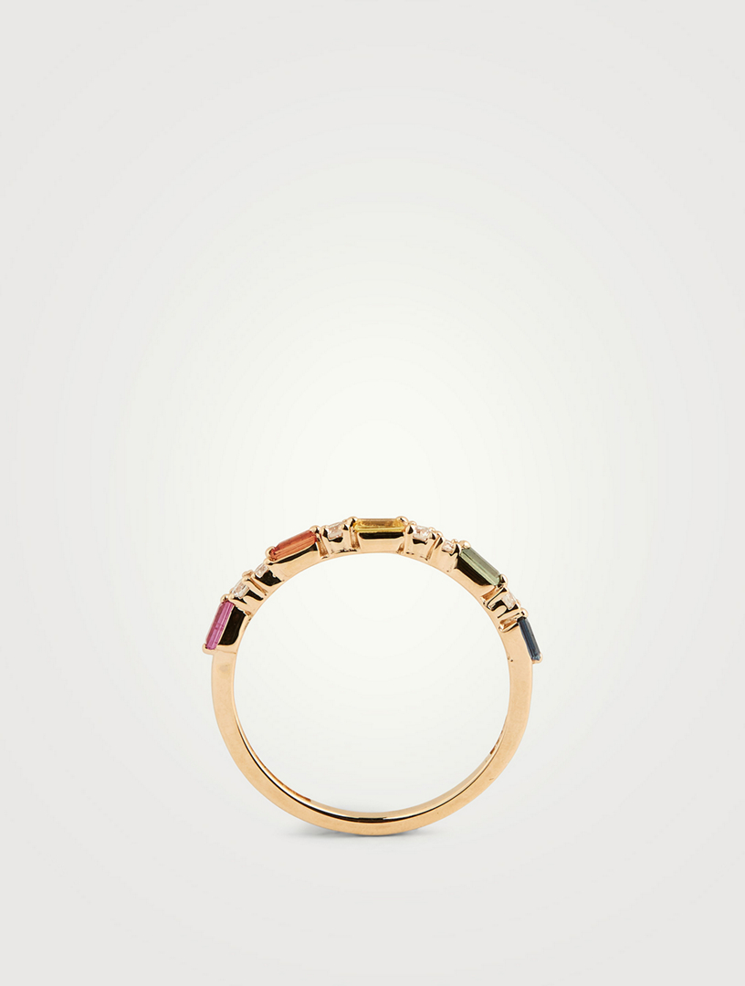 18K Gold Halfway Band With Rainbow Sapphire And Diamonds