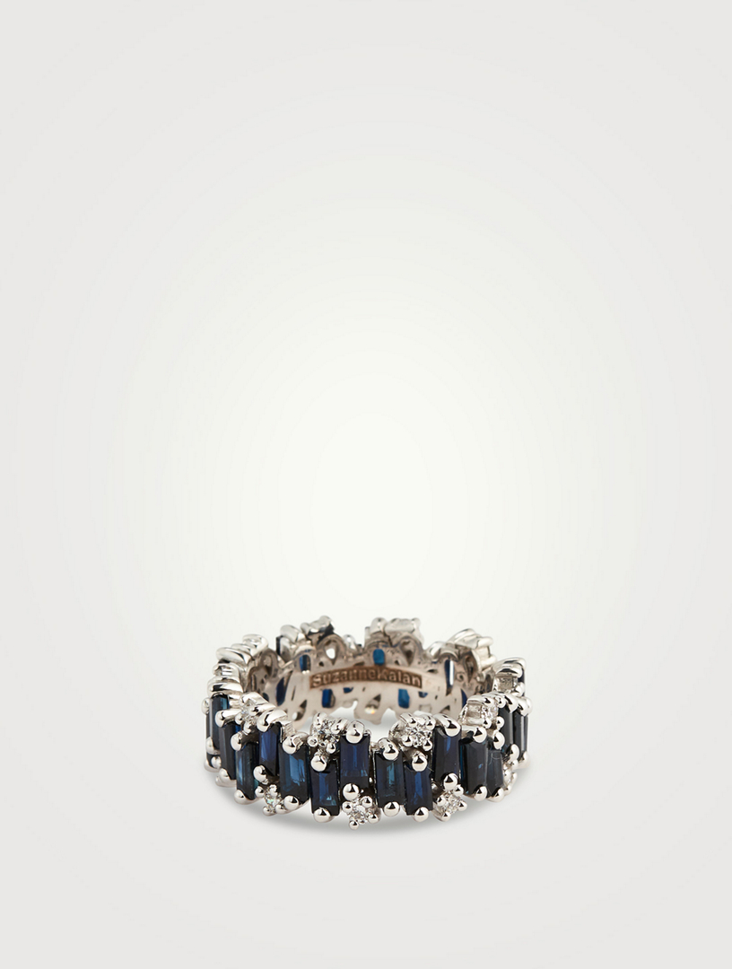 Fireworks 18K White Gold Eternity Band Ring With Dark Blue Sapphires And Diamonds