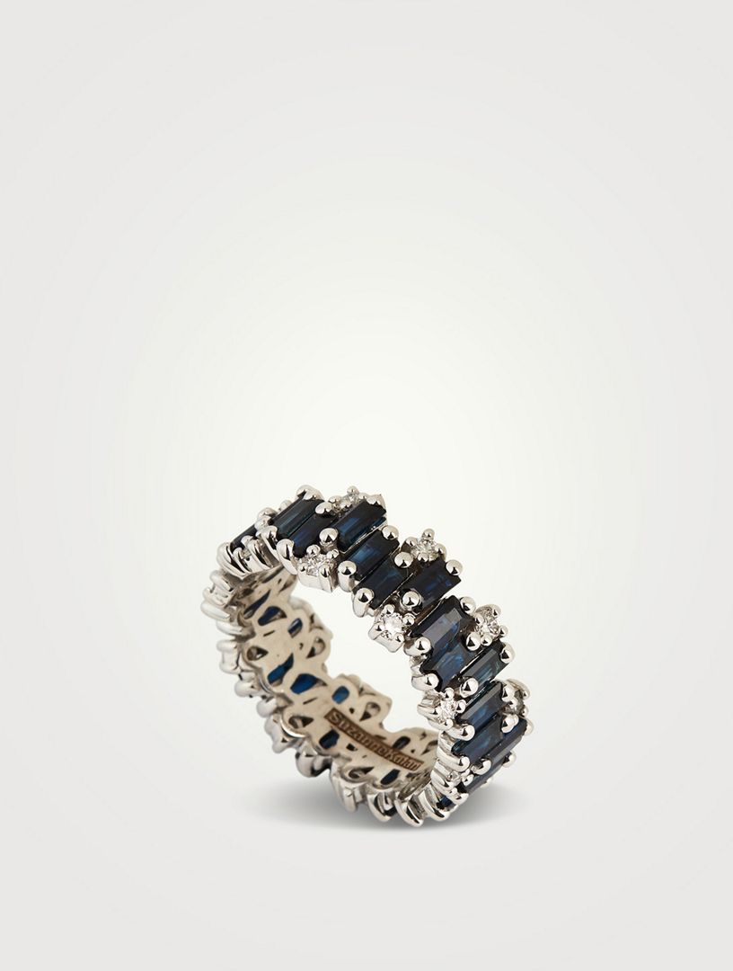 Fireworks 18K White Gold Eternity Band Ring With Dark Blue Sapphires And Diamonds