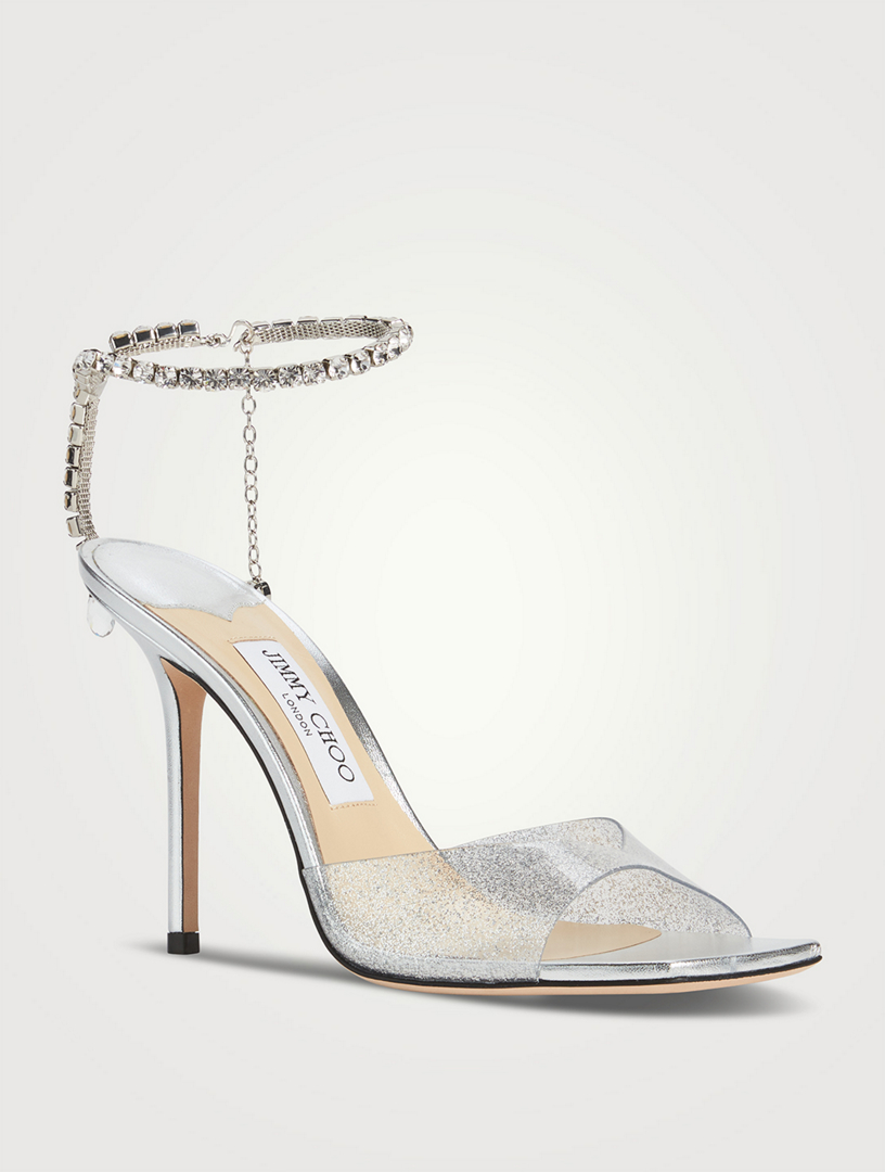 JIMMY CHOO Saeda Glitter PVC Sandals With Crystal Ankle Strap | Holt ...