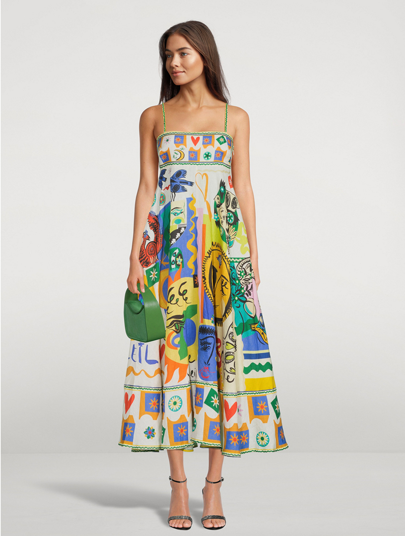 ALÉMAIS Lucky Pace Graphic-Print Linen Midi Dress in Blue