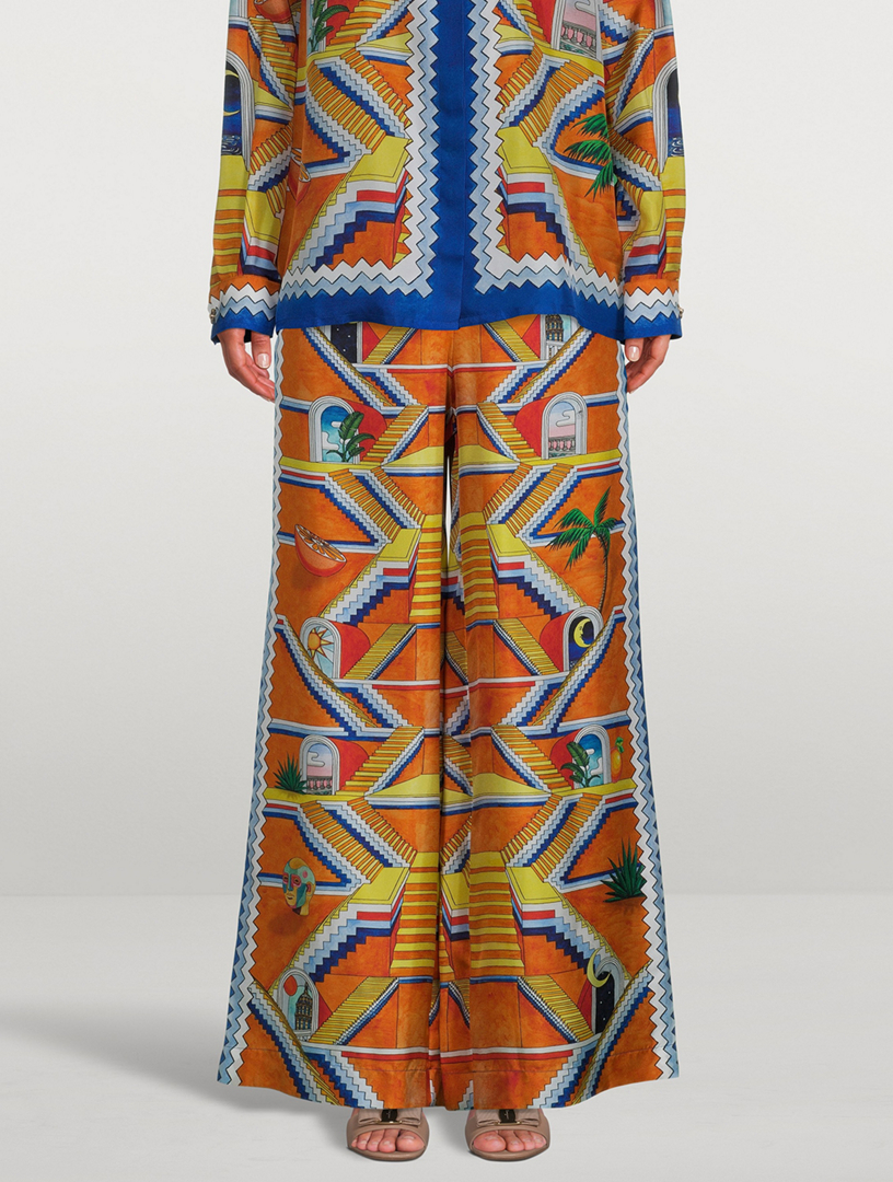 Wide-Leg Silk Trousers Escalier Infini Print