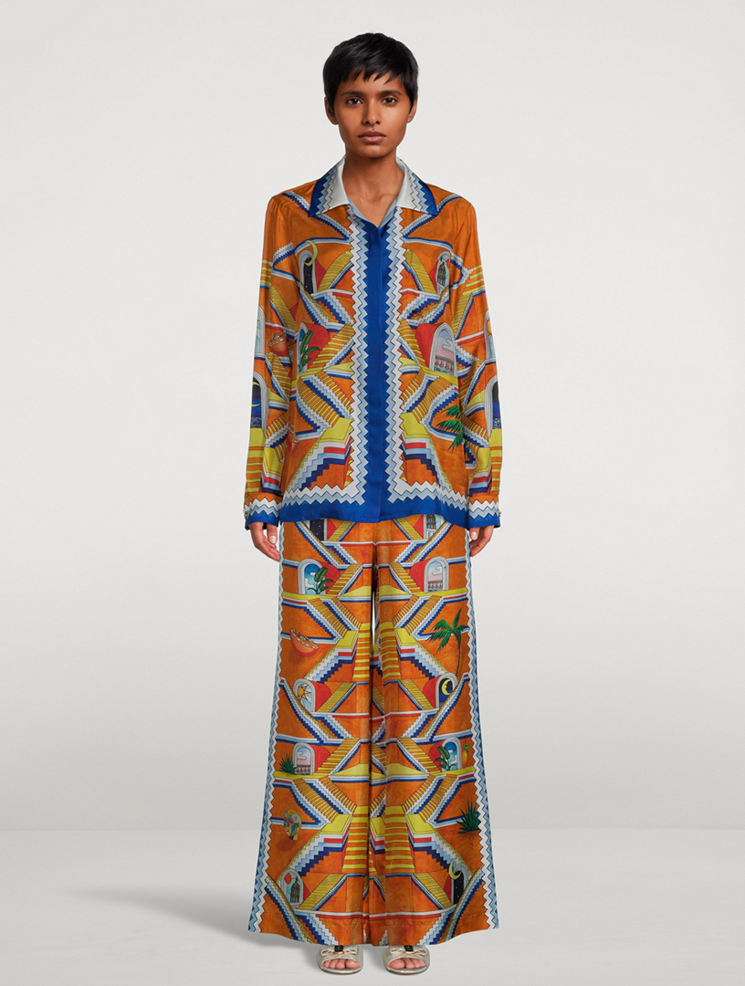 Wide-Leg Silk Trousers Escalier Infini Print