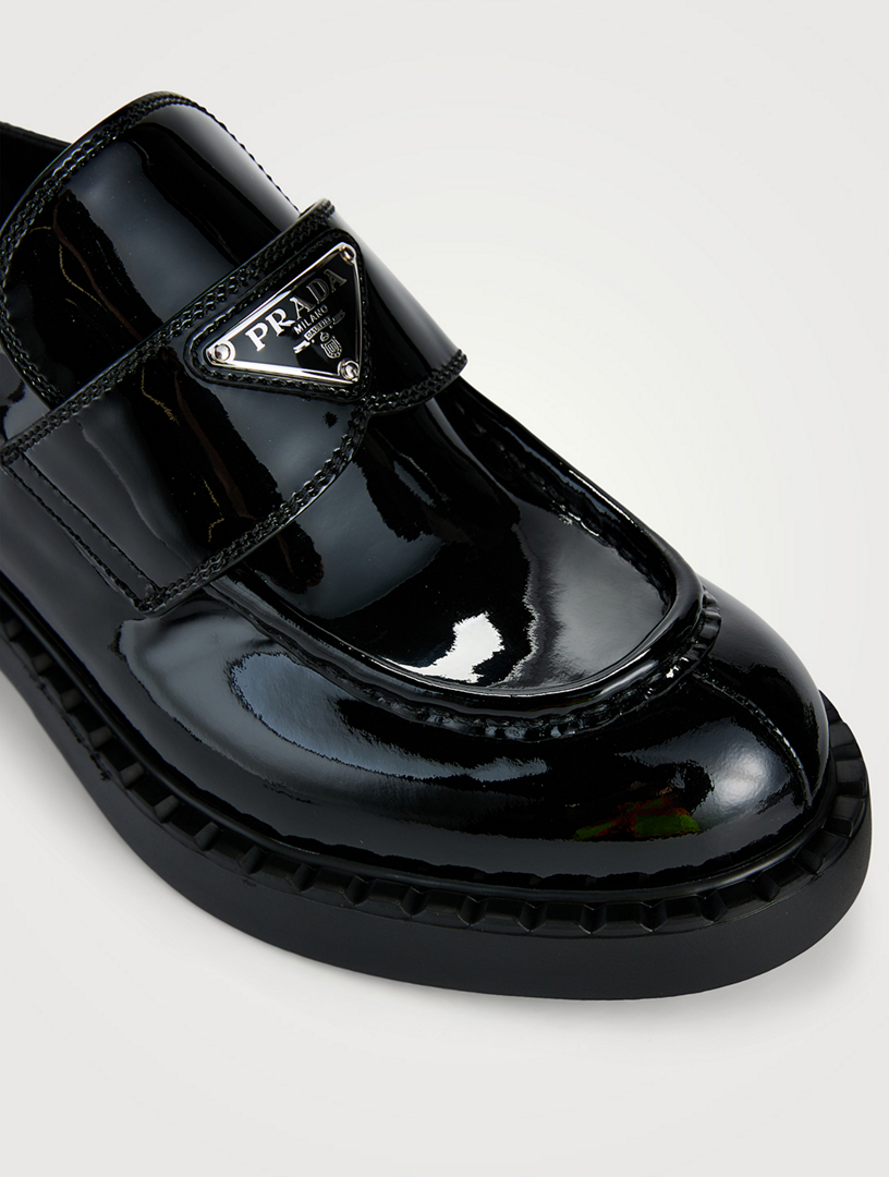 Logo Patent Leather Loafers in Black - Prada