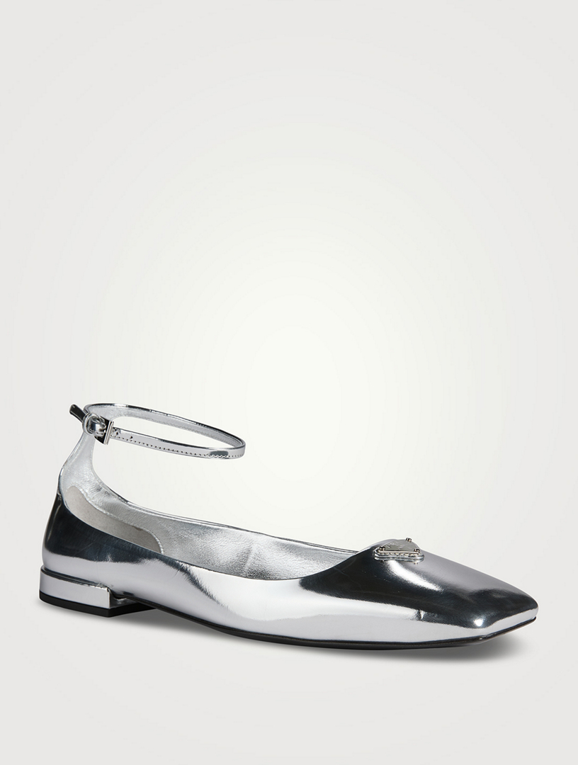 PRADA Metallic Leather Ankle-Strap Ballet Flats
