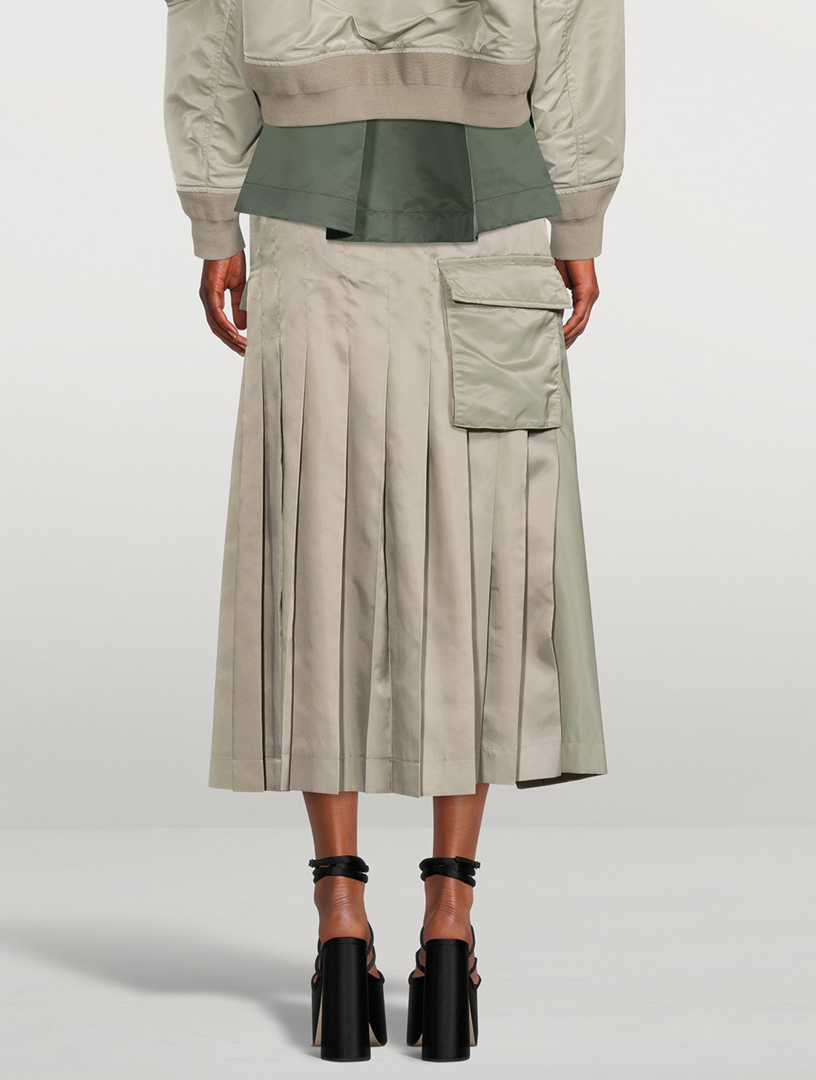 Nylon Twill Pleated Midi Skirt