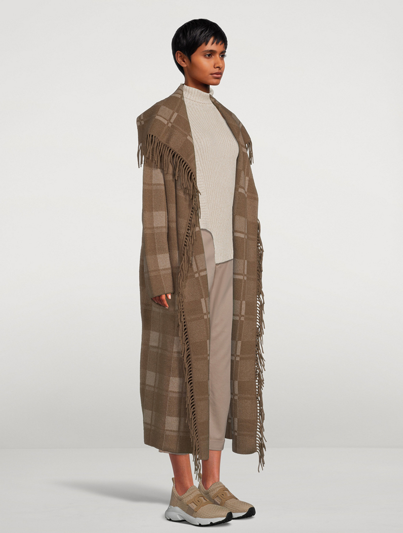 Wool Jacquard Fringed Coat Plaid