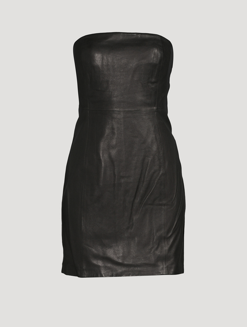 Robe Courte Sans Bretelles THEORY En Cuir Noir - Taille 2 - Style Froncé