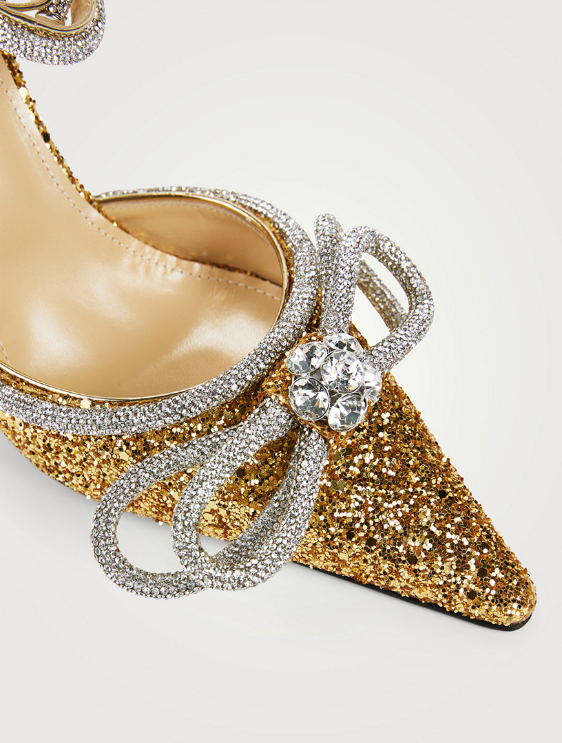 Double Bow Crystal-Embellished Glitter Pumps