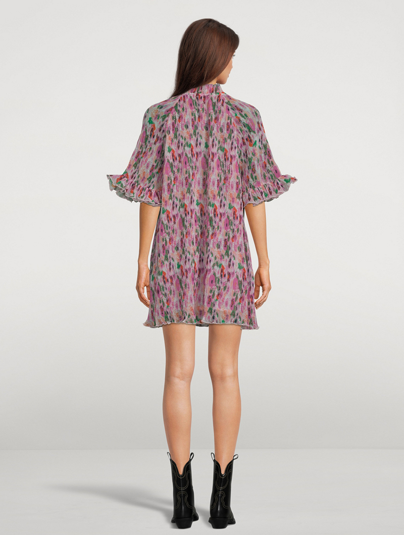 Pleated Georgette Mini Dress Floral Print