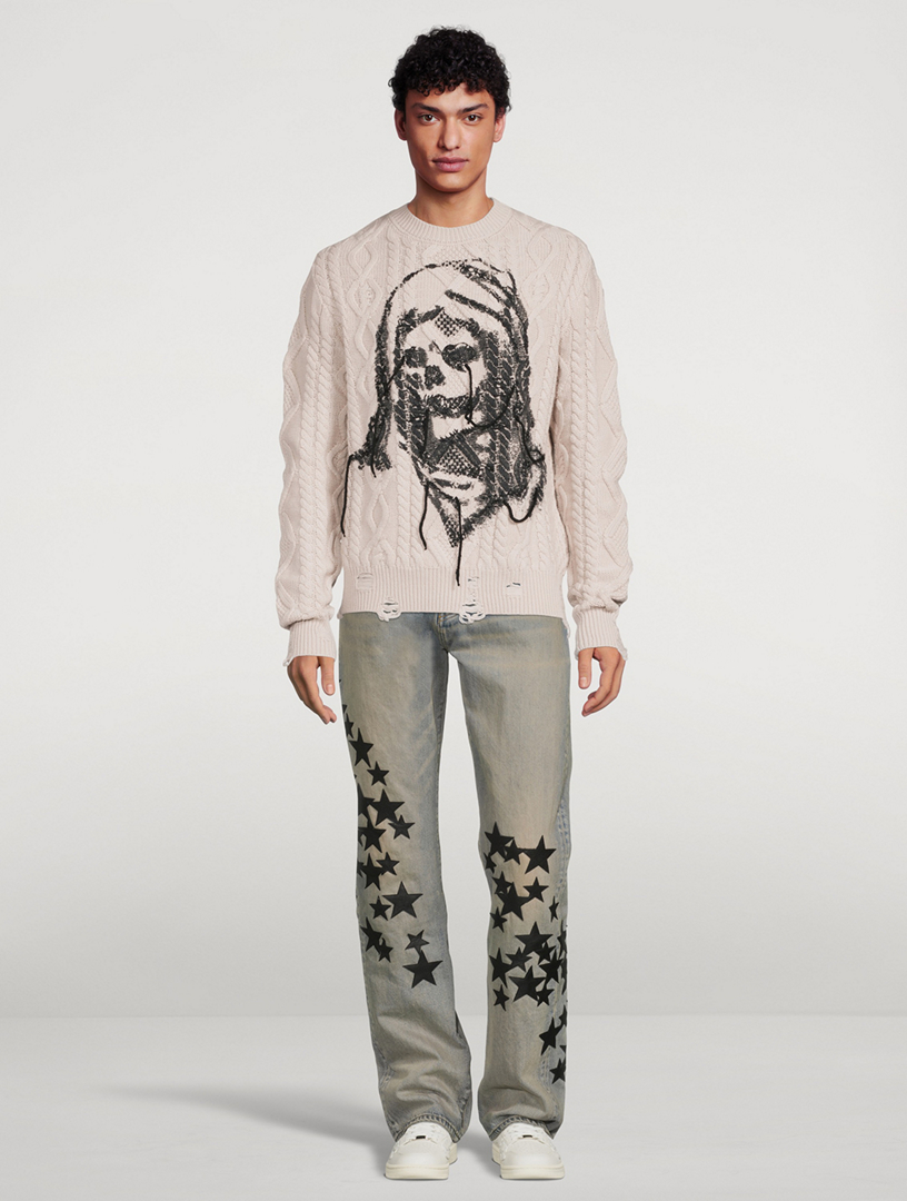 Leather Star Patches Straight Jeans