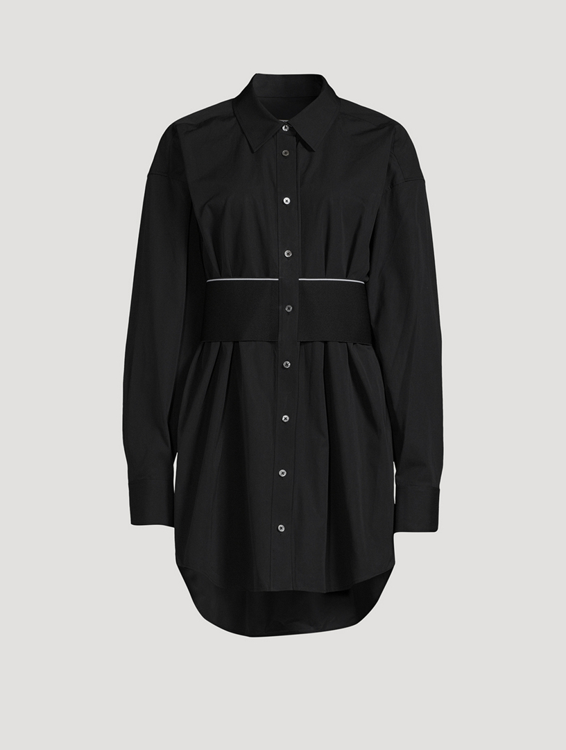 Cotton Poplin Cinched Waist Shirt Dress, Black