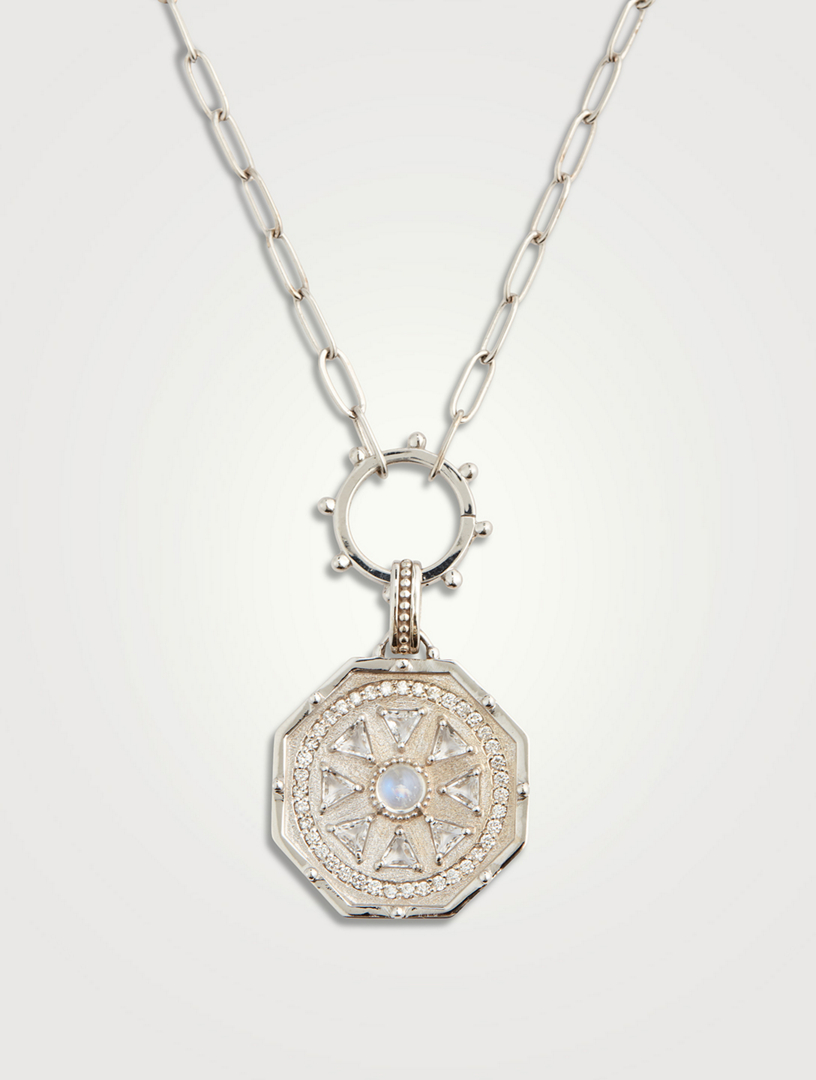 Aztec 14K White Gold Octagon Deco Medallion Necklace