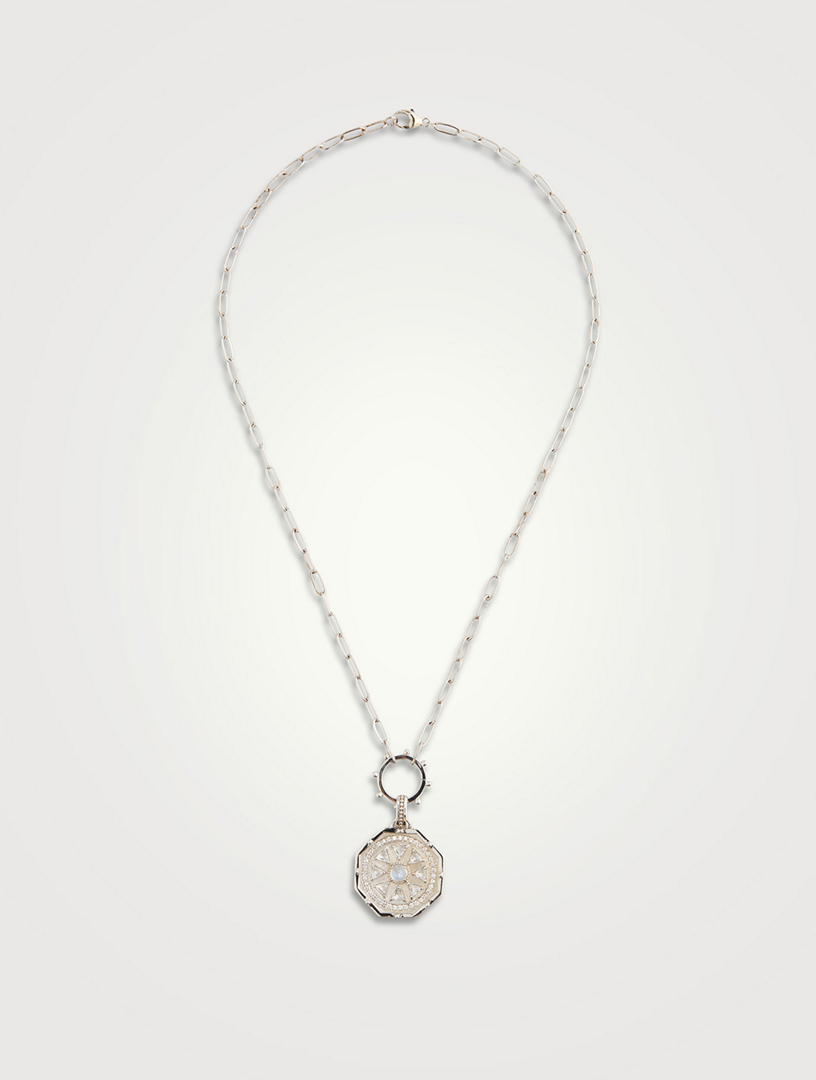 Aztec 14K White Gold Octagon Deco Medallion Necklace