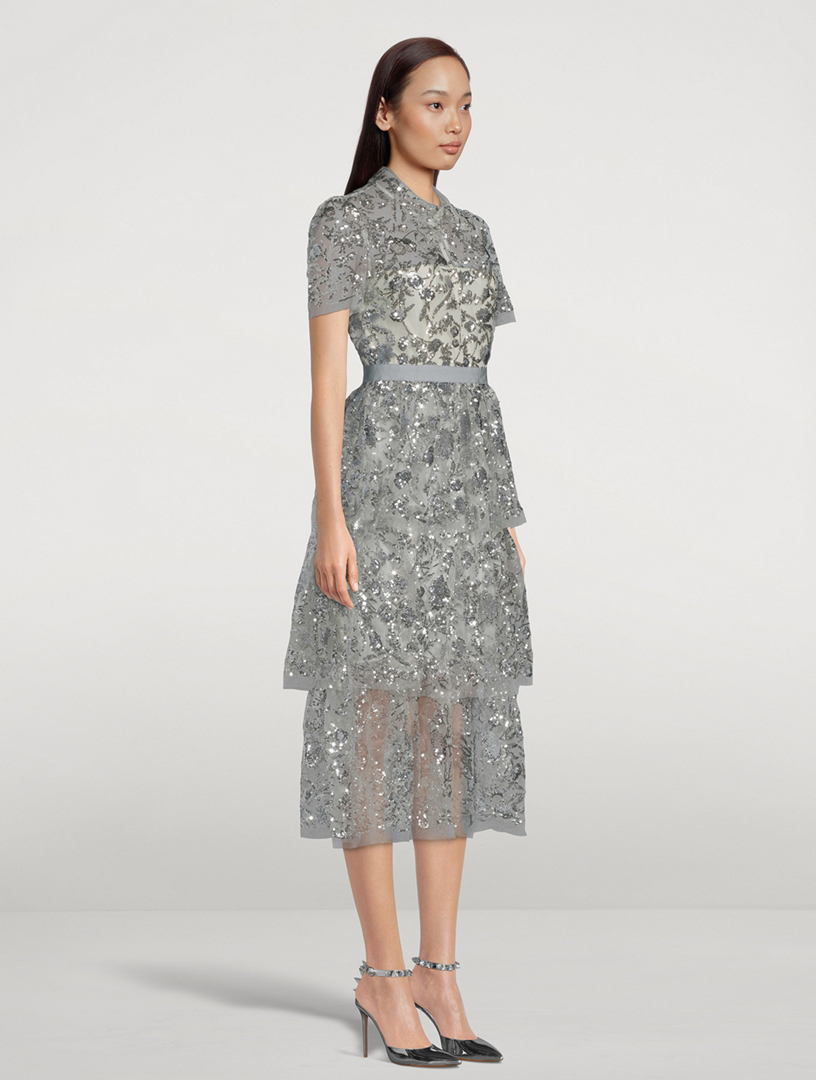 Self-Portrait Mesh Sequin Tiered Midi Dressワンピース-