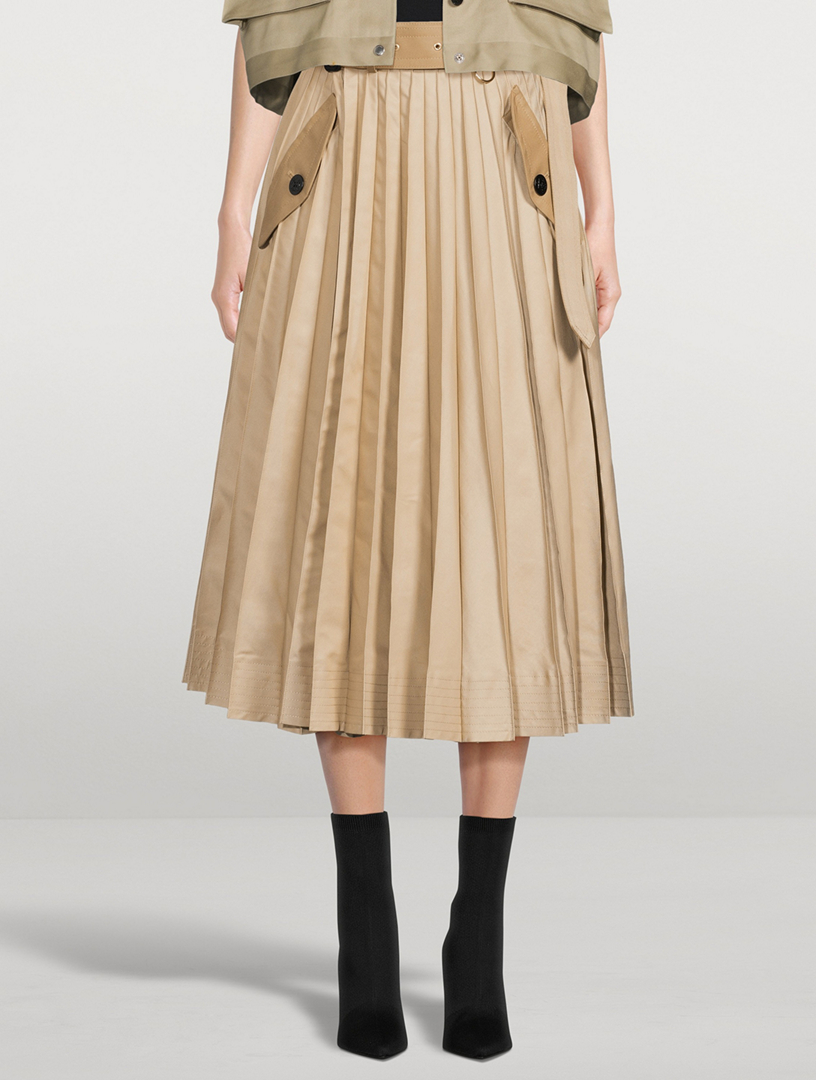 Cotton Gabardine Pleated Midi Skirt