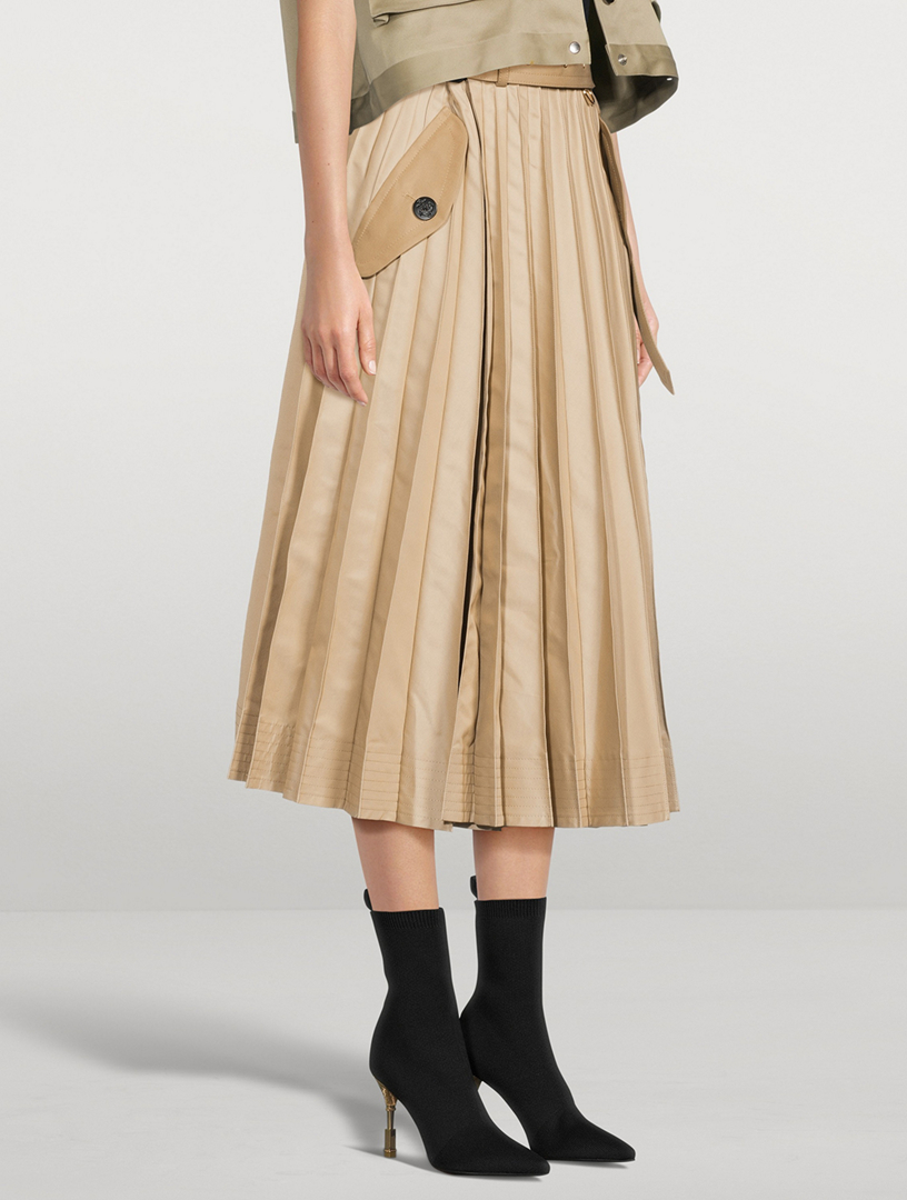 Cotton Gabardine Pleated Midi Skirt