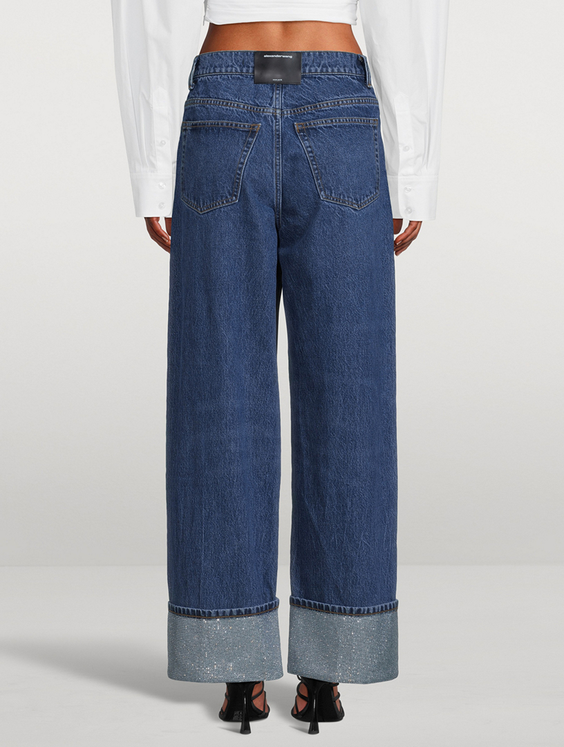 Crystal-Cuff Wide-Leg Jeans
