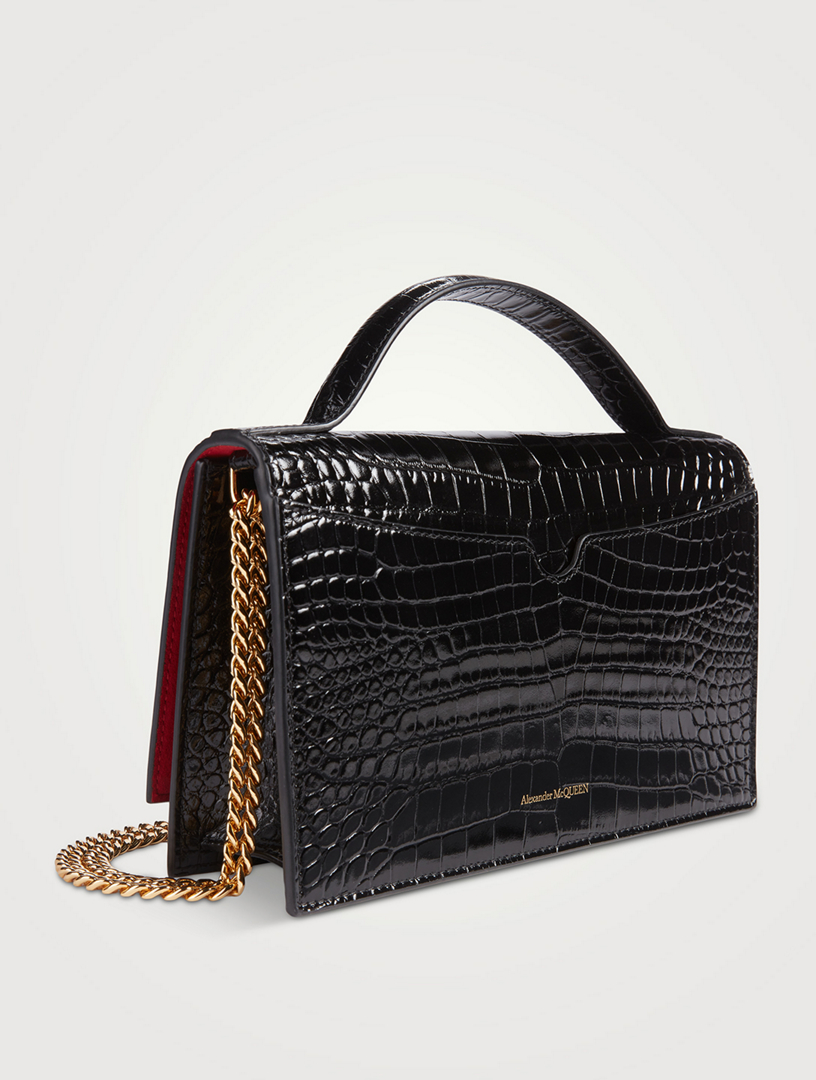 Medium Skull Croc-Embossed Leather Top Handle Bag