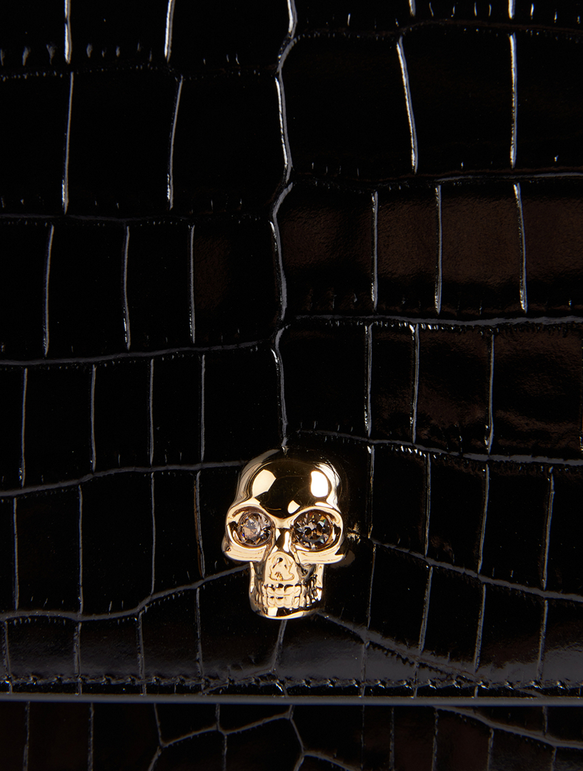 Medium Skull Croc-Embossed Leather Top Handle Bag
