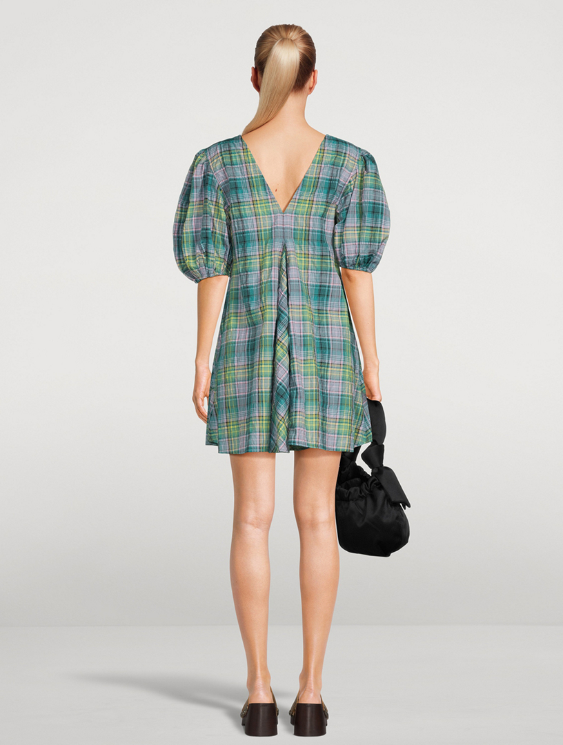 GANNI Seersucker Check V Neck Mini Dress Holt Renfrew