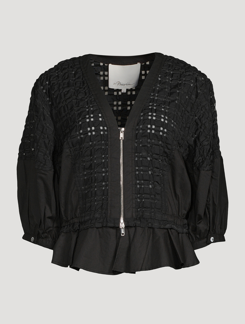 Taffeta Check Puff-Sleeve Top