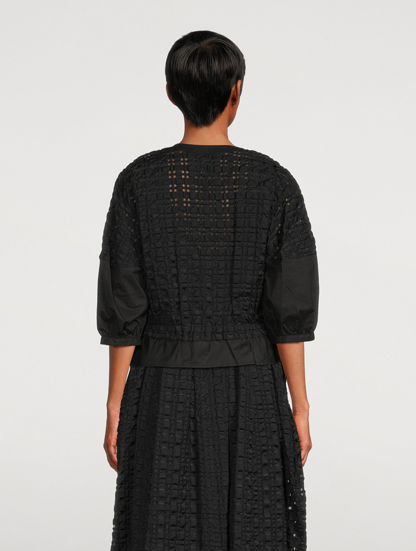 Taffeta Check Puff-Sleeve Top