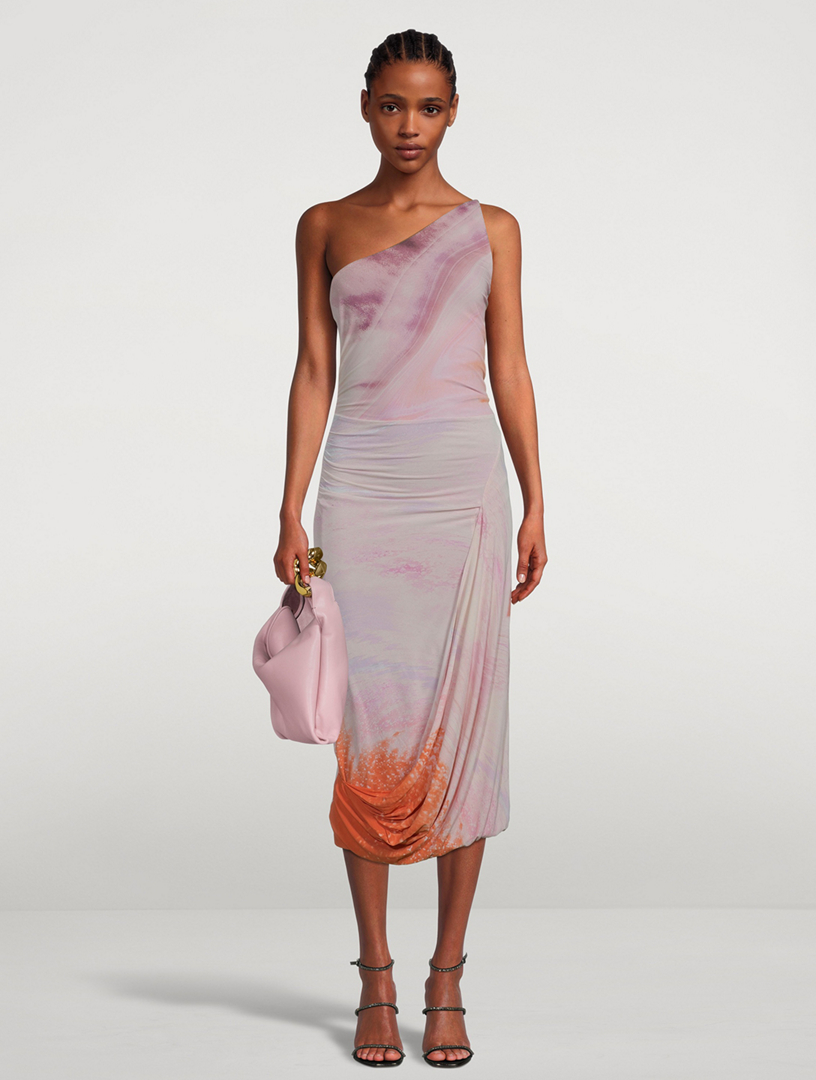 marble one shoulder dress Brown And Stone Marble Print One Shoulder Open Back Twist Detail Midi Dress 10