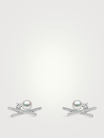 YOKO LONDON Sleek 18K White Gold Akoya Pearl And Diamond Stud Earrings  Metallic