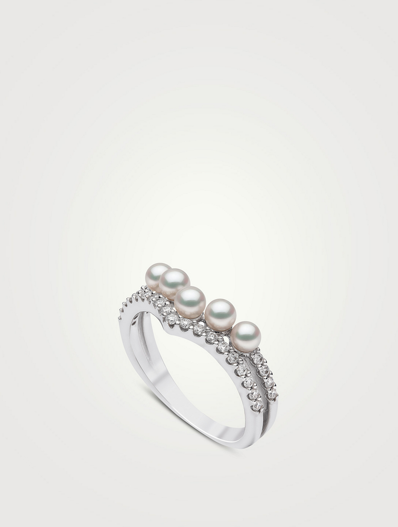 Sleek 18K White Gold Akoya Pearl And Diamond Ring