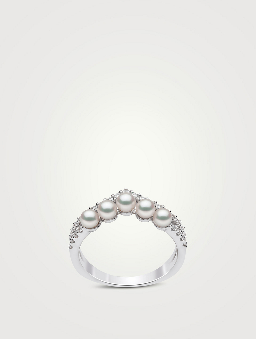Sleek 18K White Gold Akoya Pearl And Diamond Ring